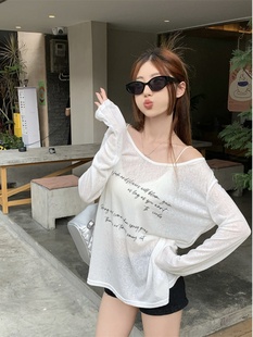 防晒罩衫 露肩宽松薄款 休闲上衣 T恤女夏季 日系慵懒风白色字母长袖