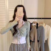 茶系穿搭春秋2024年新款 上衣两件套潮 长袖 女套装 挂脖背心抽绳短款