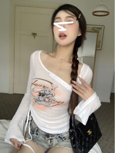 长袖 修身 防晒抽绳T恤女夏季 喇叭袖 显瘦上衣 2025新款 纯欲韩版