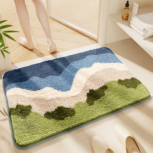 浴室地垫卫浴绿色地毯卫生间门口专用脚垫厕所毛绒毛毯吸水防滑垫