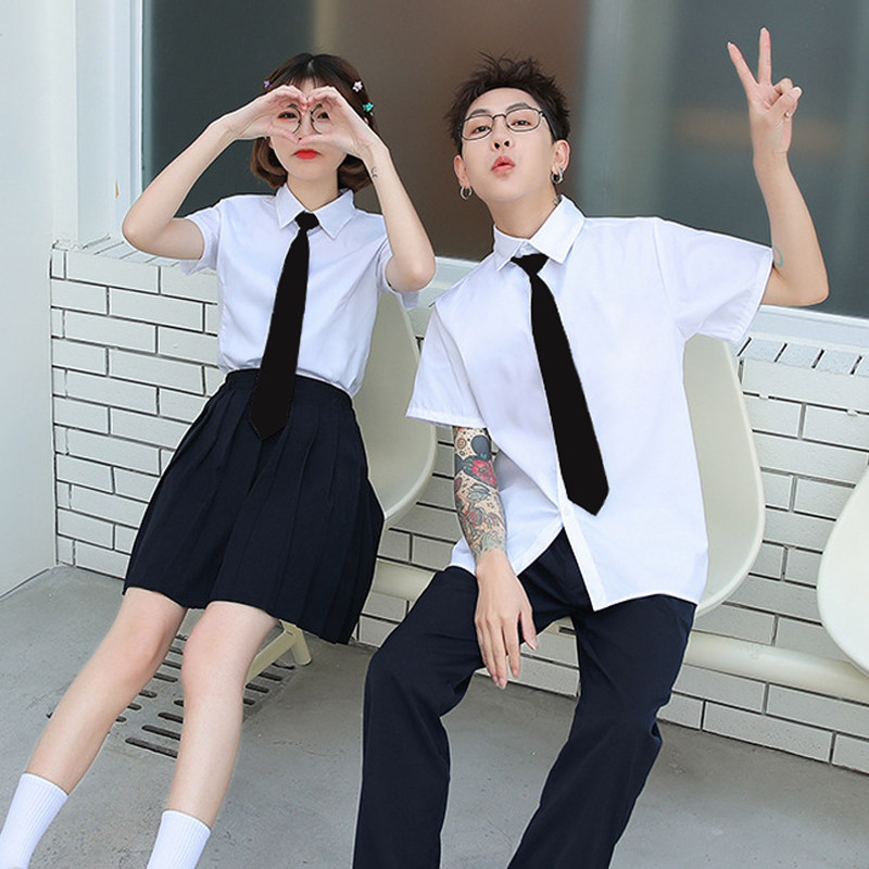 领带衬衫男女夏日韩版潮衬衣班服团体情侣装休闲学院风长短袖衣服