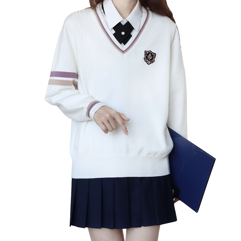 【刺篇】原创JK制服学院风针织长袖V领刺绣套头毛衣外套女秋冬