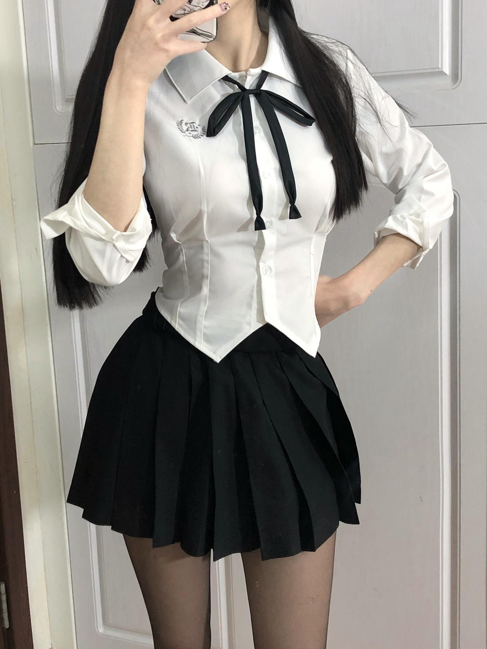 刺篇收腰衬衫修身辣妹显瘦长袖