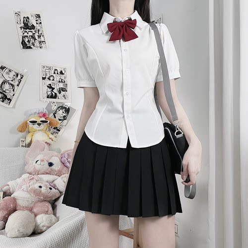 JK学院风收腰短袖衬衫小众上衣女