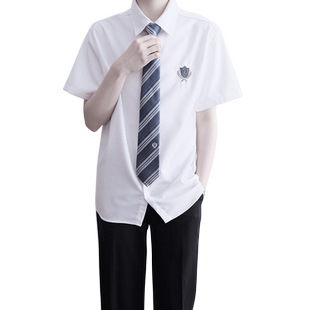 【刺篇】日系原创DK制服灰蓝刺绣休闲短袖白衬衫男士衬衣夏季男款