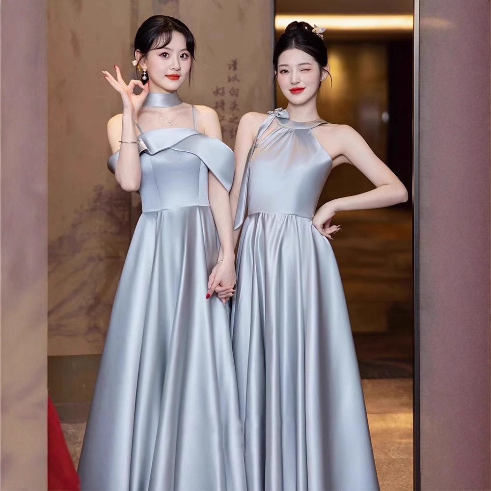 蓝灰色伴娘服高级小众2025新款夏季简约气质姐妹团礼服裙日常