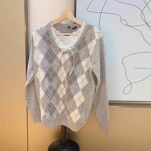 BM风秋冬新款菱格v领宽松毛衣 bm学院风百搭套头针织衫女潮