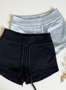 微胖mm灰色运动短裤辣妹热裤抽绳休闲裤女夏季低腰直筒裤黑色