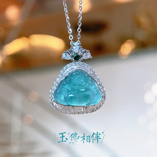 蓝水翡翠佛公项链女S925纯银笑脸弥勒佛轻奢高级镶嵌锁骨链