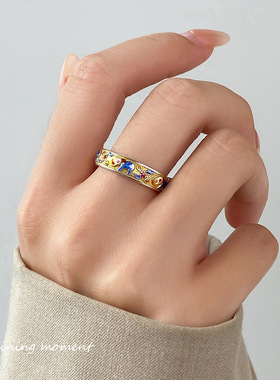 足银999时尚潮流复古国风吉象设计描金蓝色小象戒指