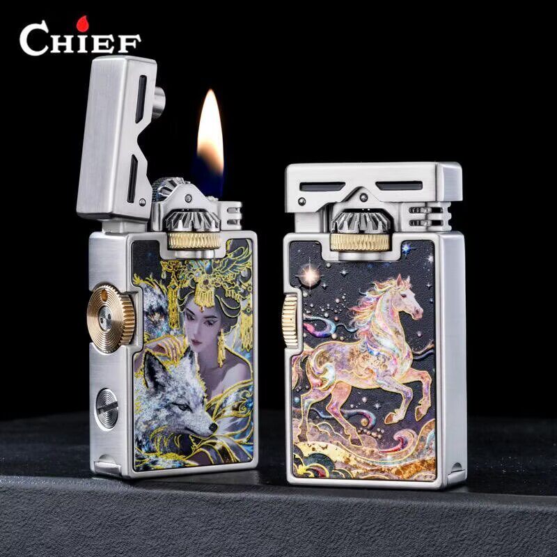 CHIEF首领煤油打火机金属创意彩绘双齿轮联动点火个性高档送礼品