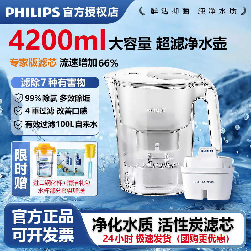 飞利浦净水壶除氯去垢滤水壶4.2L家用厨房净水器自来水过滤水壶