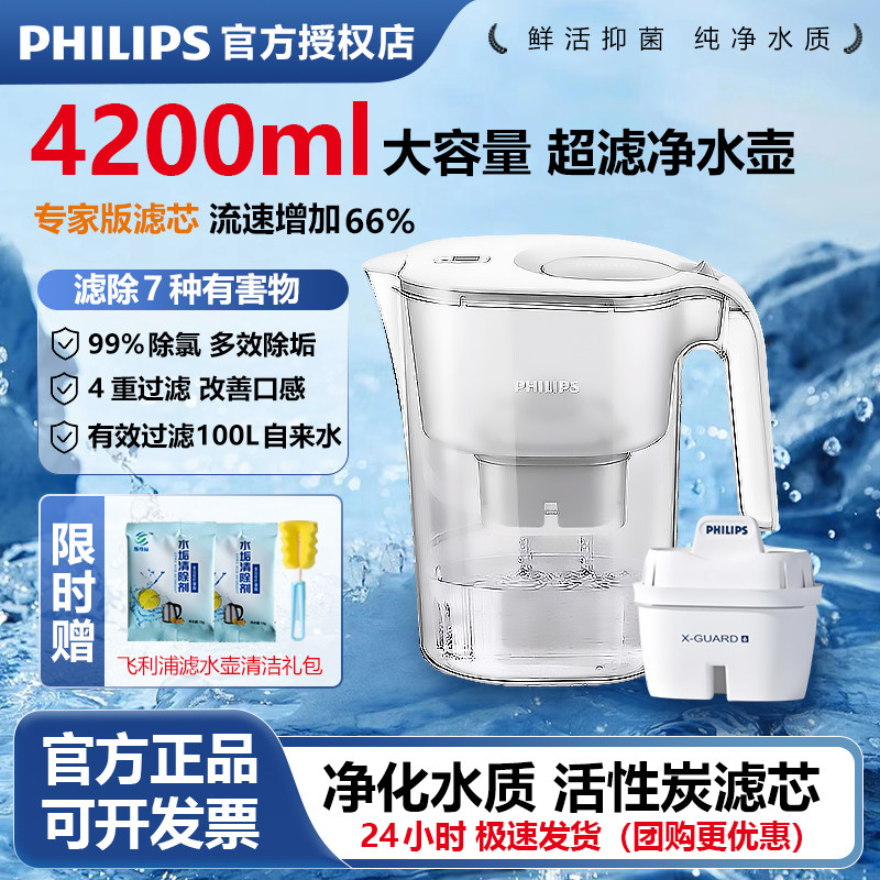 飞利浦净水壶除氯去垢滤水壶4.2L家用厨房净水器自来水过滤水壶