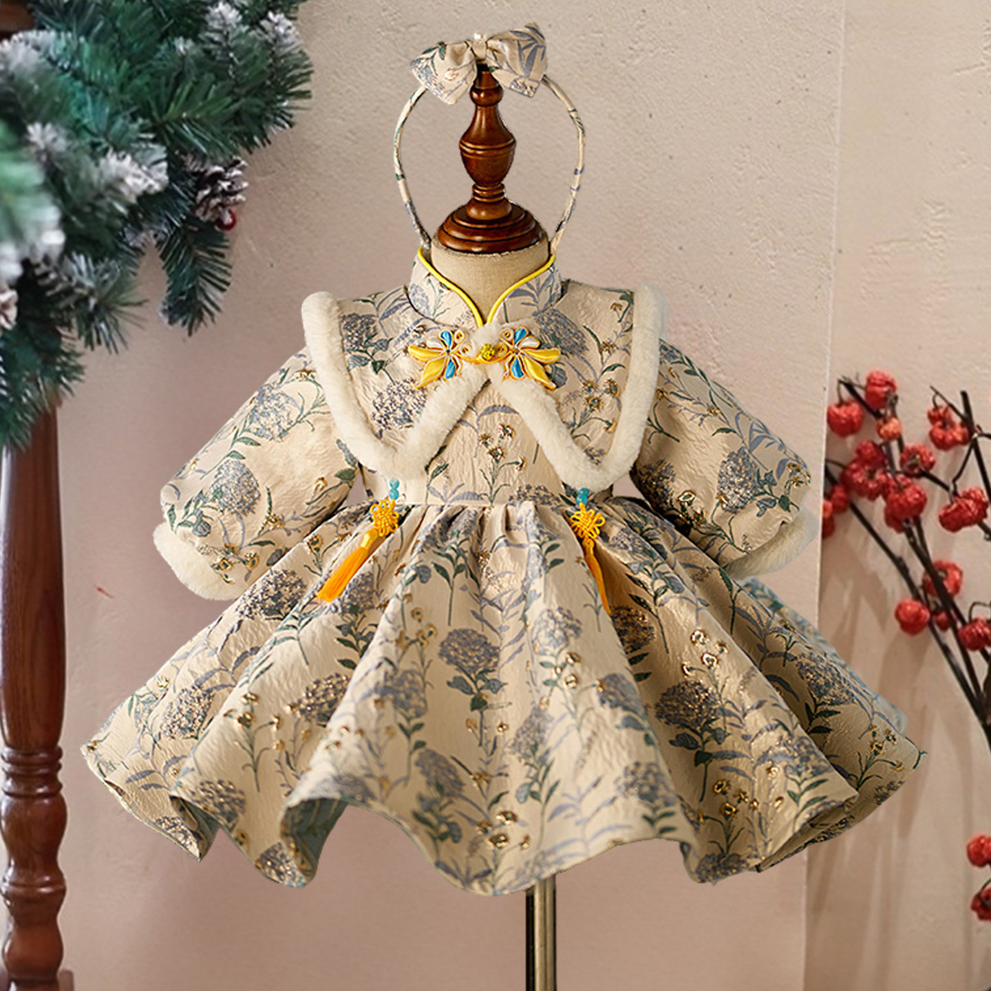 女童礼服中式复古立领花朵泡泡袖儿童公主裙周岁生日礼服蓬蓬裙子,童装/婴儿装/亲子装,儿童礼服,淘宝优惠券,粉丝福利购,淘宝优惠卷