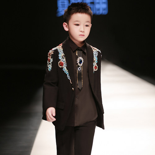 儿童模特走秀钢琴演出服男童西服套装复古小西装主持人中国风礼服