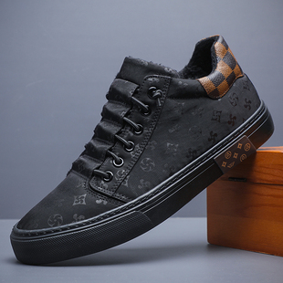 冬季男士棉鞋子加绒加厚低帮帆布鞋欧洲站潮男一脚蹬懒人印花板鞋