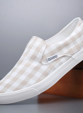 夏季一脚蹬格子布鞋宝达帆布鞋男士透气软底乐福鞋潮流百搭板鞋子