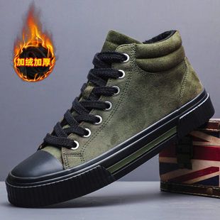 冬季棉鞋男加绒保暖高帮帆布鞋复古潮流男士休闲板鞋拼色中帮男鞋