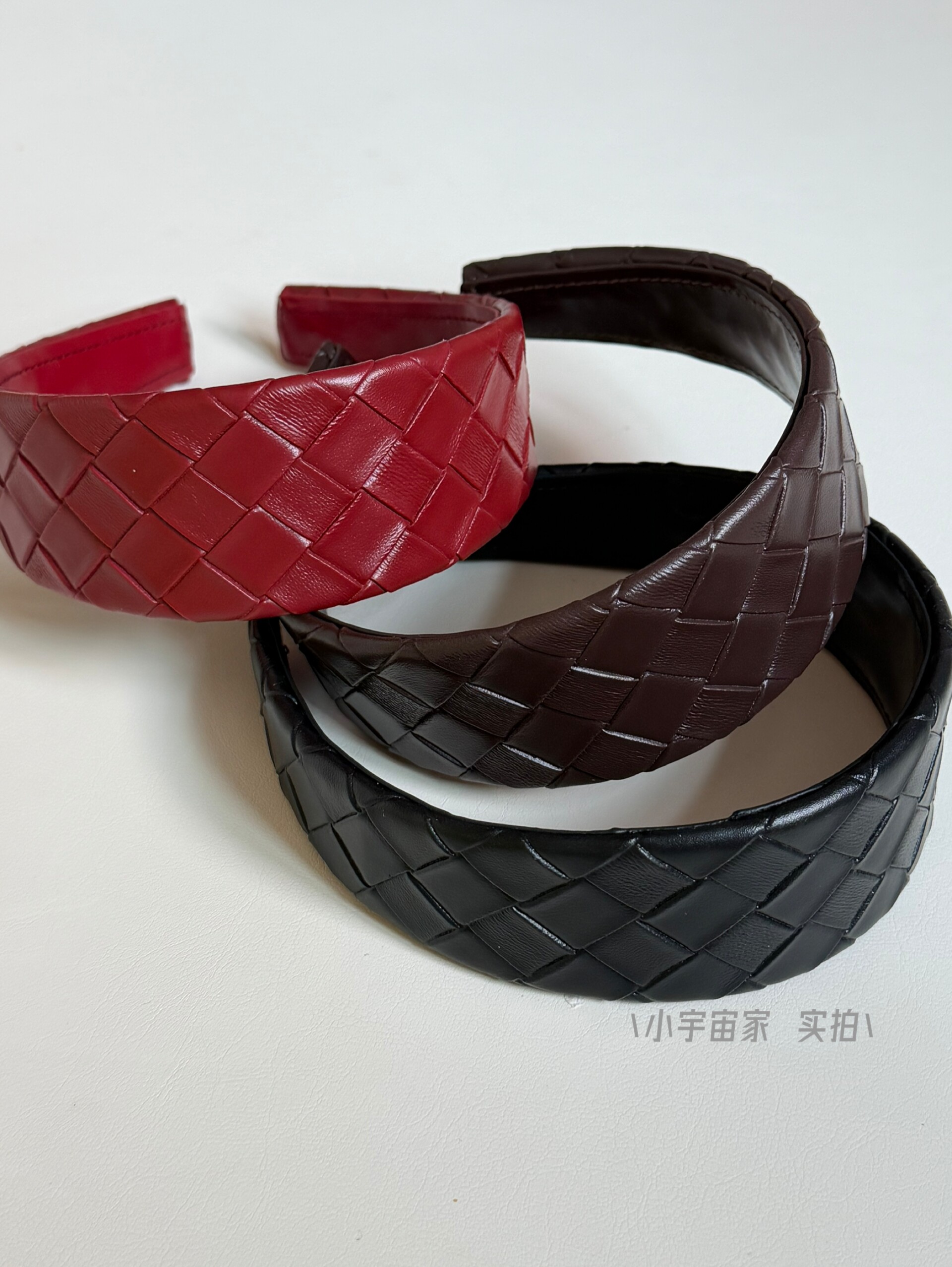 【高定版】B*V高档编织皮质宽边发箍发夹小众菱格纹pu头箍女发卡