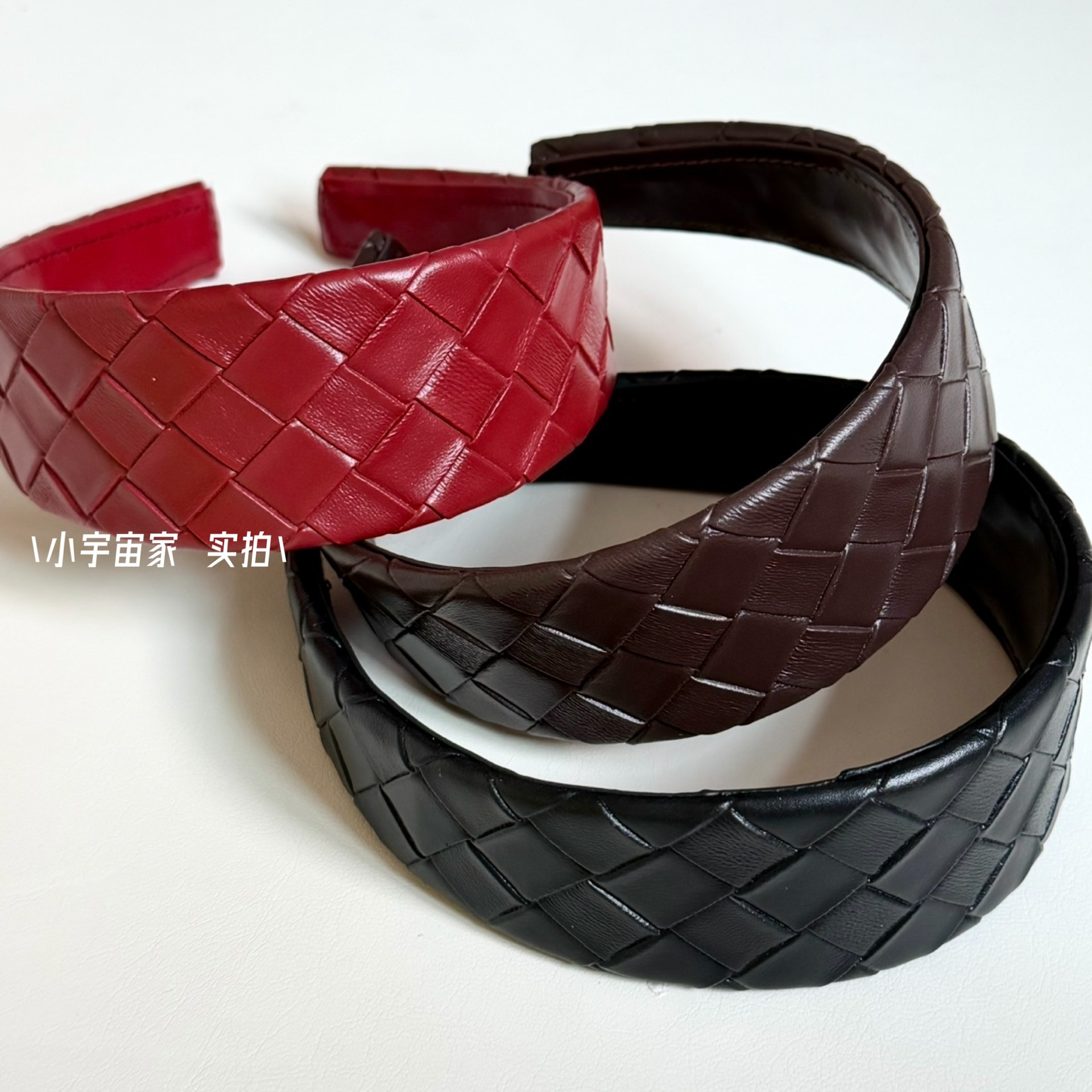 【高定版】B*V高档编织皮质宽边发箍发夹小众菱格纹pu头箍女发卡