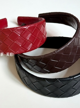 【高定版】B*V高档编织皮质宽边发箍发夹小众菱格纹pu头箍女发卡