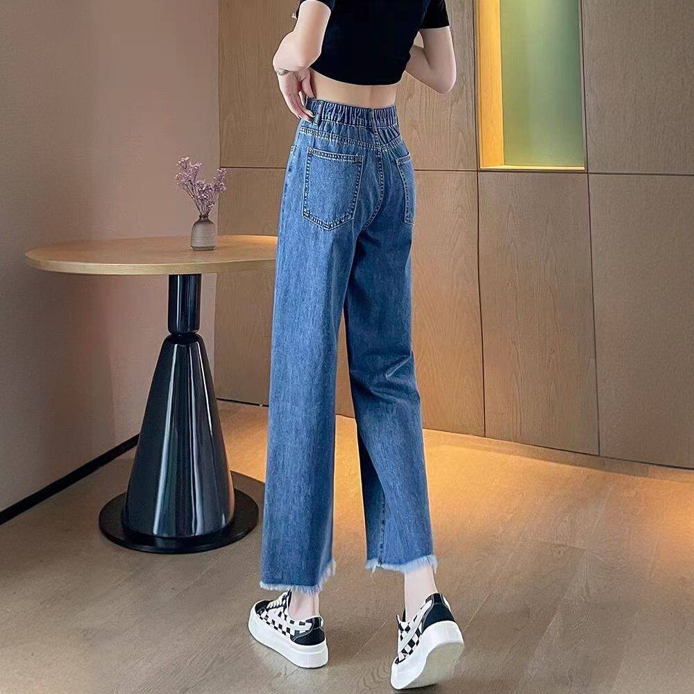 直筒牛仔裤女夏季薄款2026新款高腰显瘦小个子九分毛边窄版阔腿裤