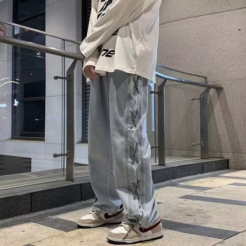 夏秋季潮牌牛仔裤男痞帅抽绳直筒裤子港风宽松大码牛仔阔腿裤男装