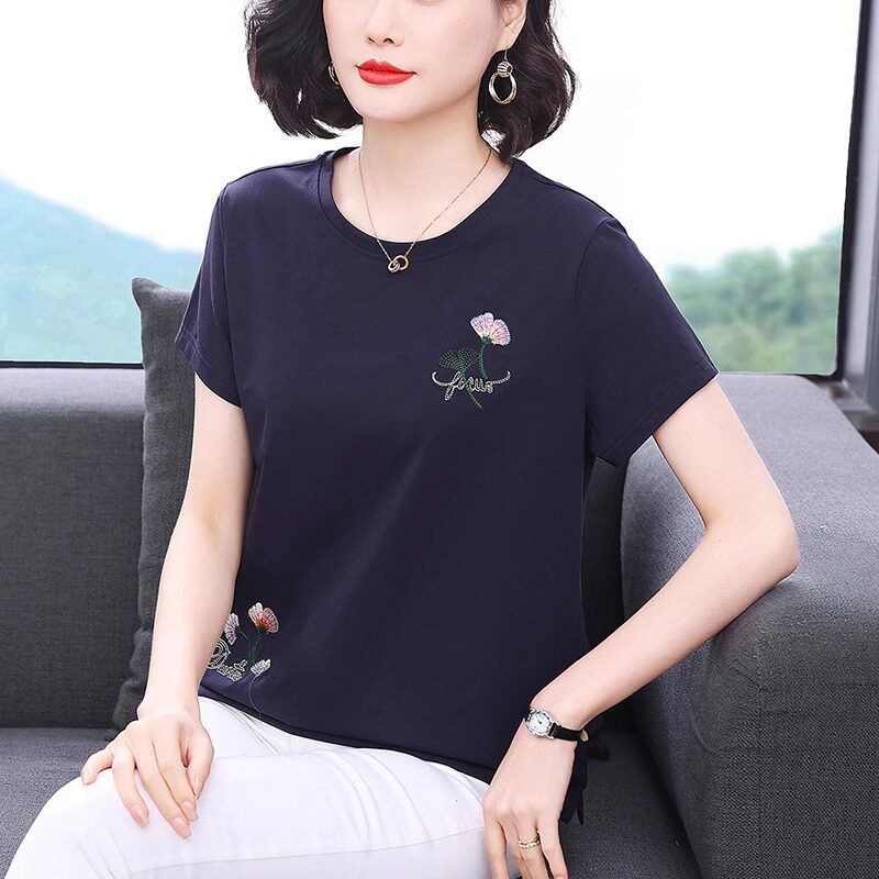 2024中年妈妈刺绣女装短袖t恤女百搭宽松上衣宝蓝色洋气女士丅桖