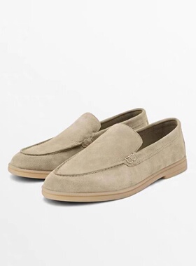 西班牙MD女鞋米色真皮通勤一脚蹬乐福鞋平底英伦风休闲鞋单鞋