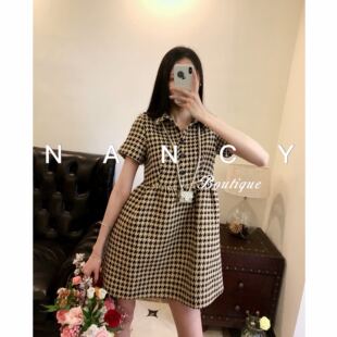 Nancy 清仓特价现货 富美小姐姐 重工粗尼花千鸟格高腰连衣裙气质