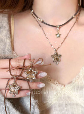 甜酷态度~美拉德豹纹十字架星星项链女轻奢感毛衣链复古配饰