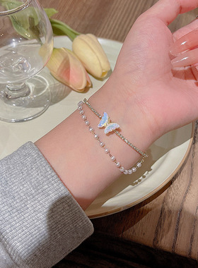 韩国双层彩色蝴蝶手链女ins风个性珍珠手镯感小众气质手饰品