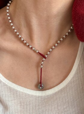 新年红色香槟金细闪珍珠串珠项链百搭做旧风吊坠一款多戴式锁骨链