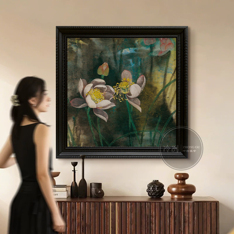 美式中古侘寂风客厅餐厅荷花装饰画古典玄关挂画复古小众手绘油画图片