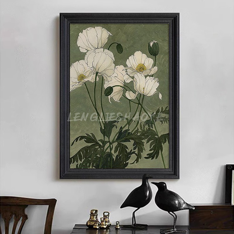 纯手绘油画侘寂风日式客厅餐厅装饰挂画中古白色花卉玄关桌面摆件图片