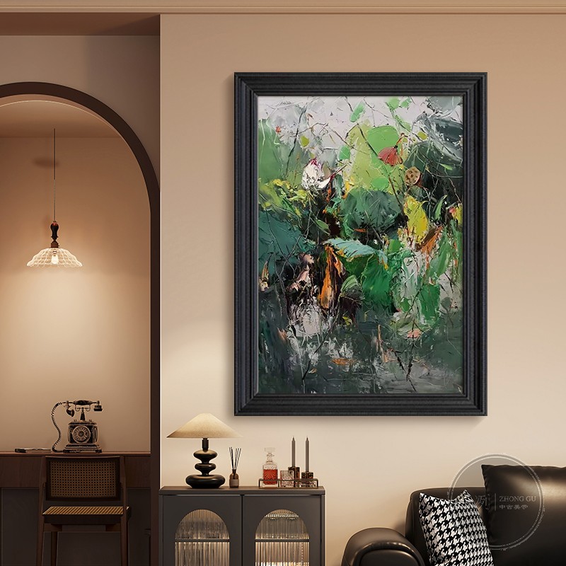 美式中古风抽象荷花绿植肌理手绘油画客厅餐厅挂画玄关过道装饰画图片