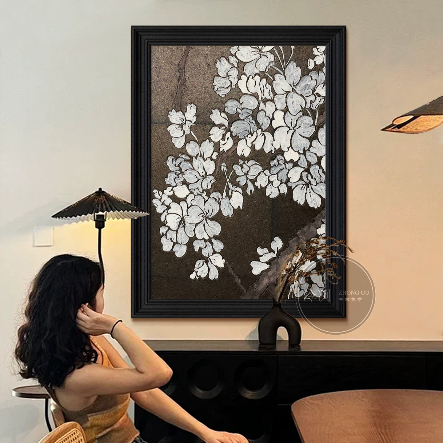 中古风抽象白色玉兰花卉客厅餐厅装饰画复古挂画酒店玄关手绘油画图片