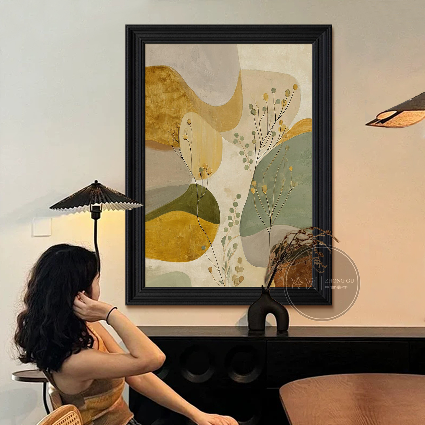 几何草影》中古风艺术纯手绘油画几何植物客厅装饰画玄关走廊挂画图片