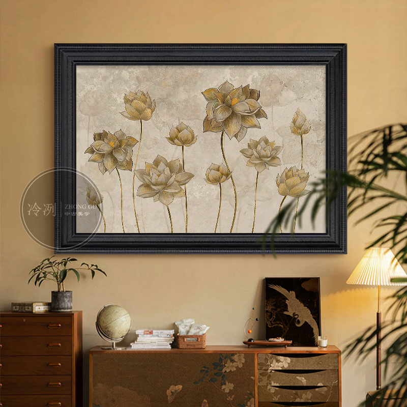 中古风莲花植物客厅餐厅手绘油画复古侘寂挂画酒店玄关法式装饰画图片