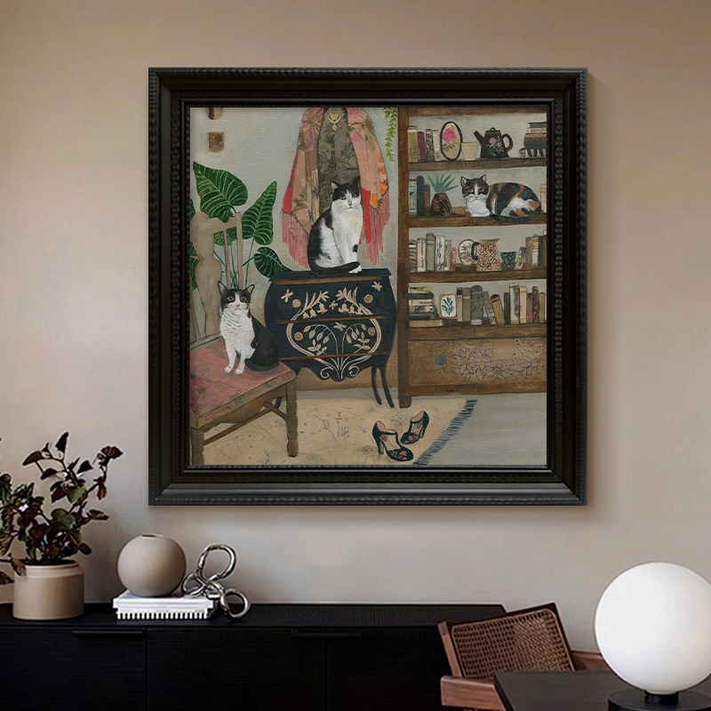 法式复古客厅餐厅猫咪动物装饰画抽象场景挂画玄关中古风手绘油画图片