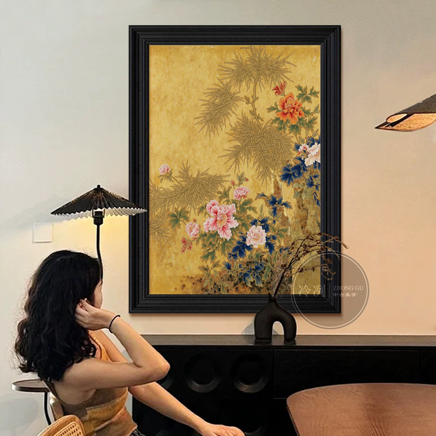 宋代美学复古牡丹图客厅书房高级感手绘油画中古风挂画玄关装饰画图片
