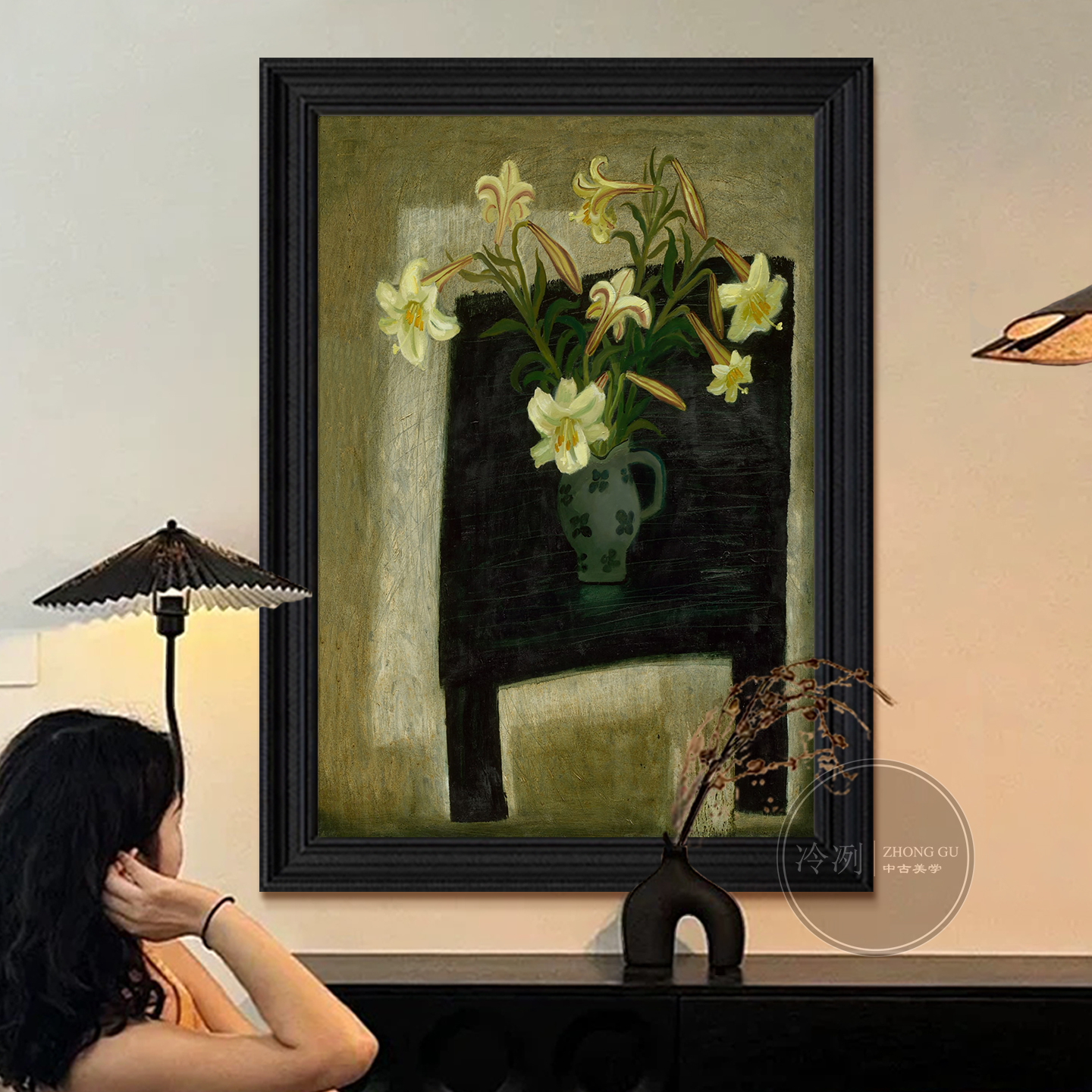 瓶里百合香》中古风手绘油画复古花卉静物客厅装饰画玄关餐厅挂画图片