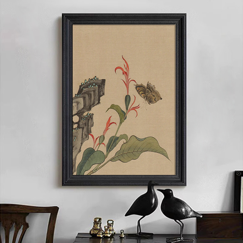 宋代美学中式复古书房茶室装饰挂画工笔蝴蝶植物客厅玄关手绘油画图片