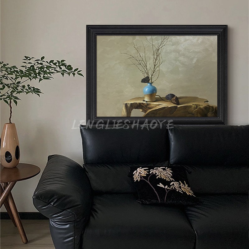 中古原木风横版手绘油画树枝莲藕客厅卧室装饰画复古书房玄关挂画图片