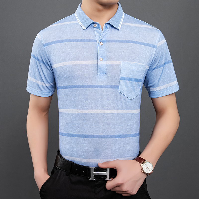 乔步驰30-50男士爸爸装短袖桑蚕丝T恤商务修身休闲条纹真口袋