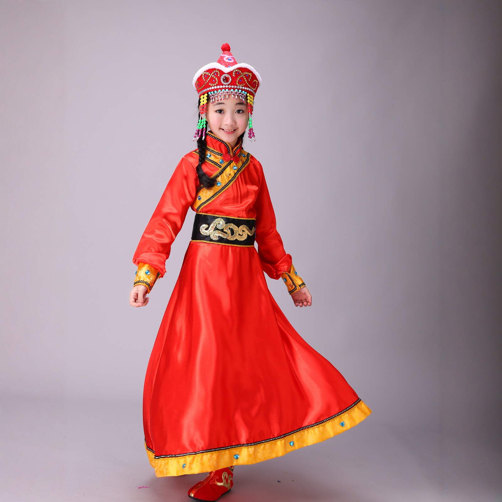 六一红色蒙古族鄂温克儿童演出服图片