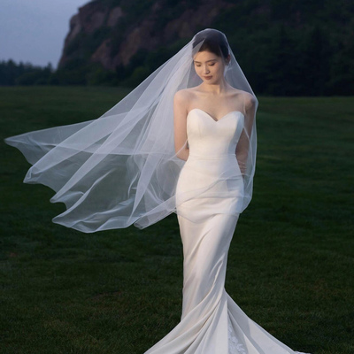 超透高清头纱韩国水晶纱单层长款素纱裸纱盖头拖尾头纱吻拍照道具