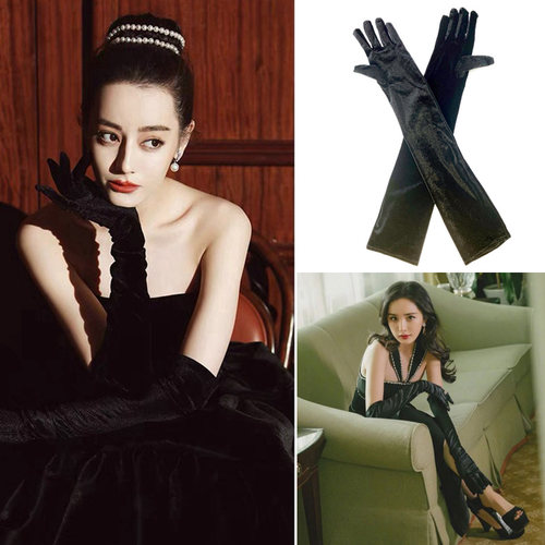 黑色手套复古赫本风领证登记新娘结婚晚礼服礼仪丝绒生日手套红色