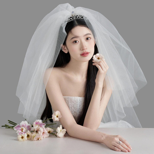 新娘头纱头饰超仙结婚拍照道具新款短款主婚纱蓬蓬纱皇冠领证简约