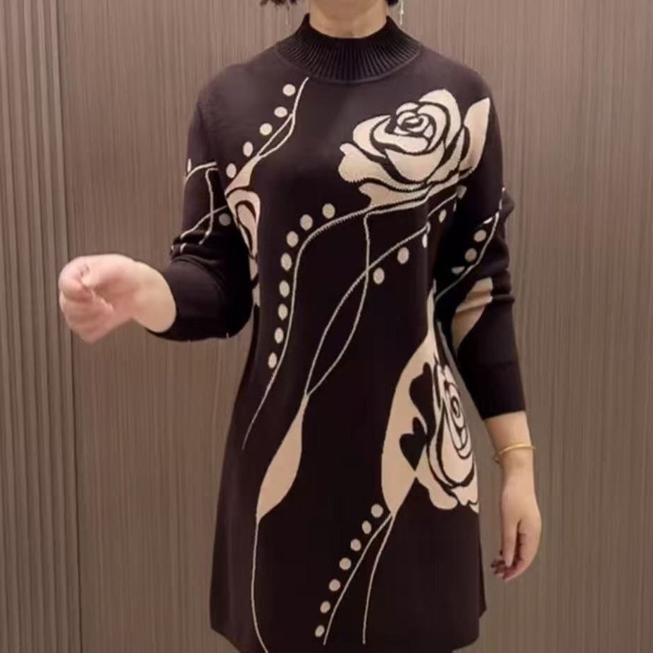 淑女风黑色半高领印花针